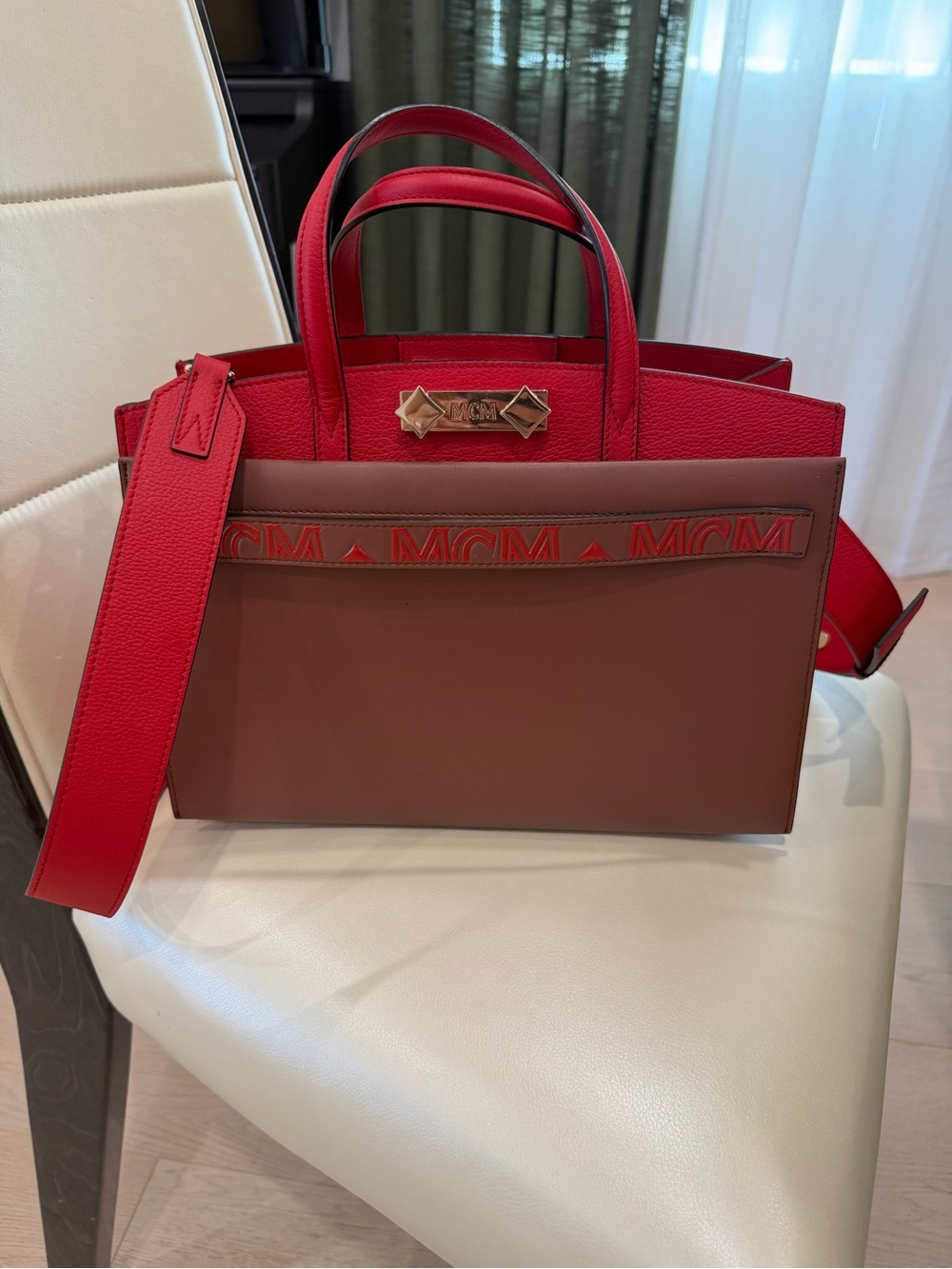 MCM Red and Brown Leather Tote with Detachable Strap